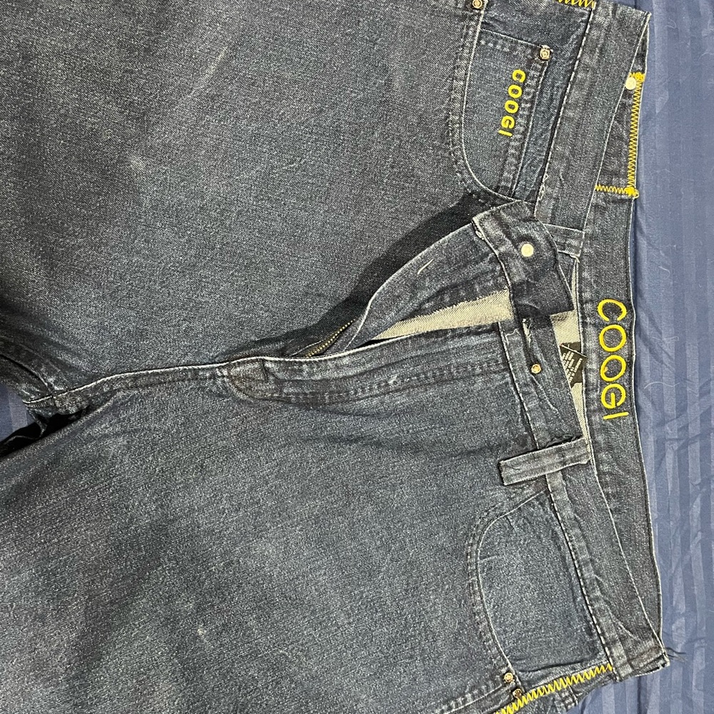 COOGI Men's Dark Gray Jeans with Yellow Accents